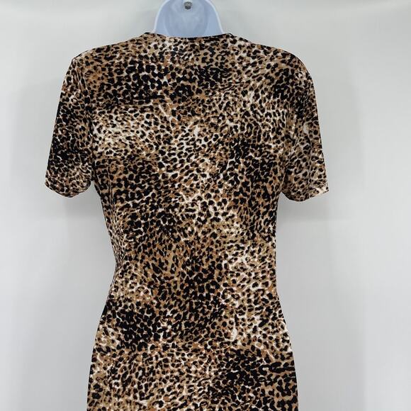 Anne Klein Leopard Faux Wrap Dress 8 Brown Y2K Mob Wife Tie Deep V-Neck Career - Picture 7 of 12
